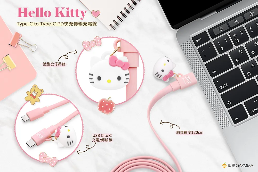 GARMMA電源_KT Type-C to Type-C PD快充公仔吊飾傳輸線-粉色(506)