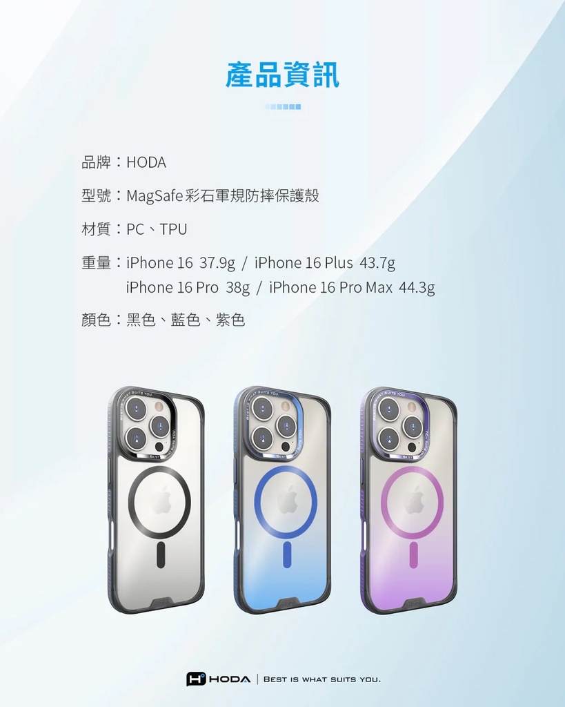 hoda殼_彩石軍規MagSafe_iPhone16ProMax漸變藍(805)