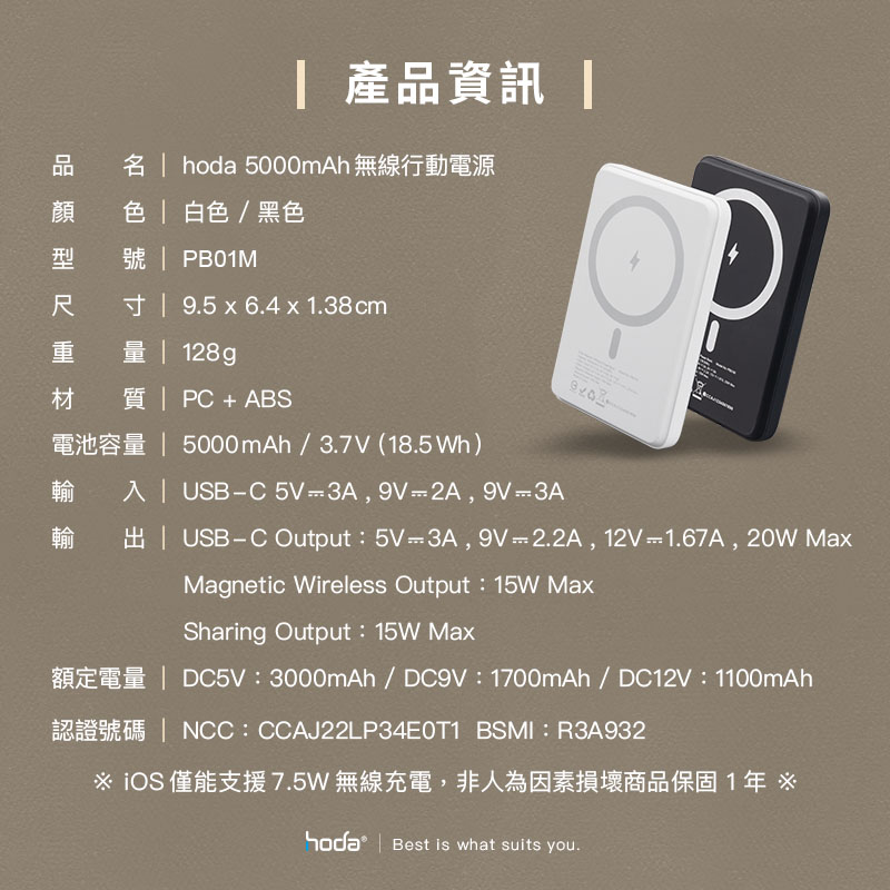 hoda充電_磁吸式行動電源5000mAh_黑色(648)