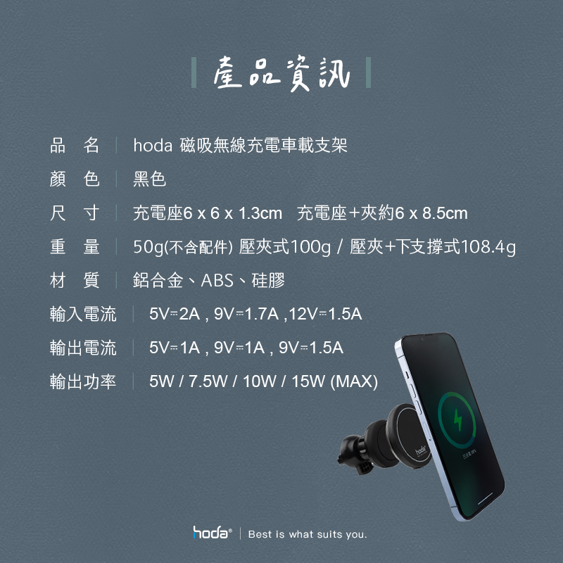 hoda充電_車充出風口手機架_磁吸充電MagSafe_黑色(634)