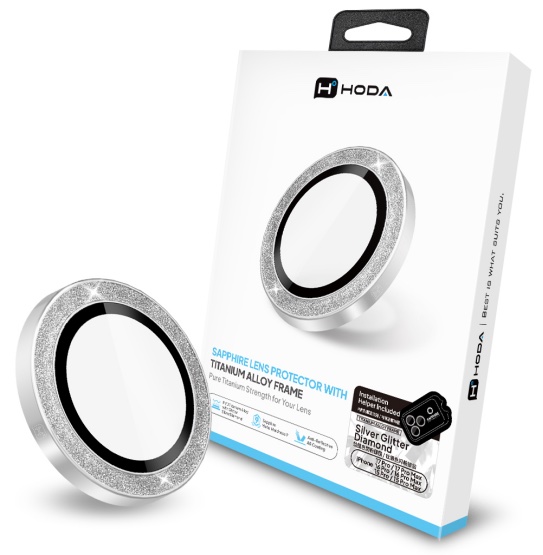 HODA_藍寶石新結構鏡頭保護貼 iPhone 17/16/15(Pro/ProMAX)銀色閃粉白鑽(3入)(997)