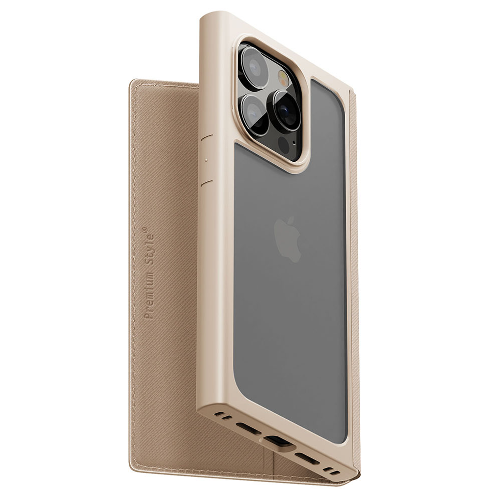 PGA殼_Premium Style_透明玻璃翻蓋皮套(方形)_iPhone15Pro卡其(530)