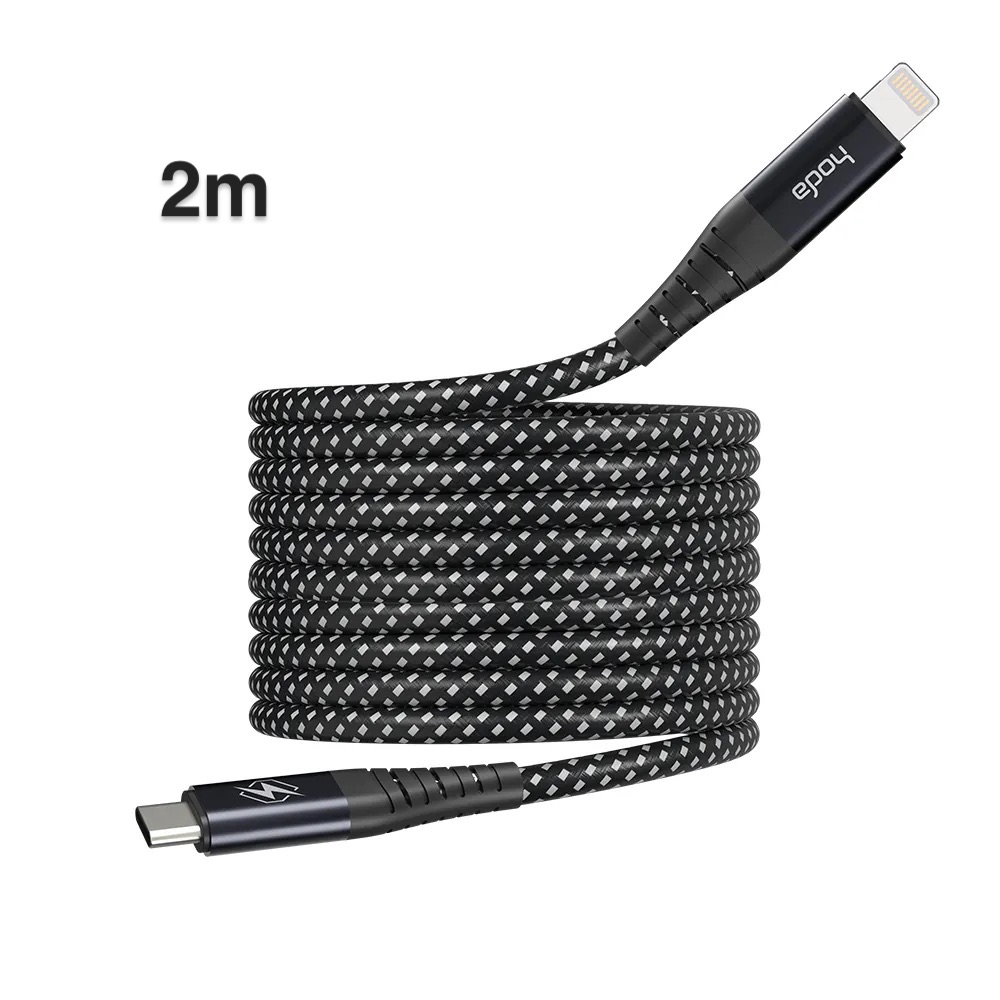 hoda充電_27W USB-C to Lightning 磁吸收納編織快充線 2M 黑 (112)