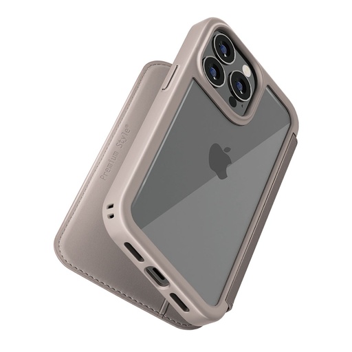 [PG-23BGF02BE] PGA殼_Premium Style_透明玻璃翻蓋皮套(圓形)_iPhone15Pro卡其(493)