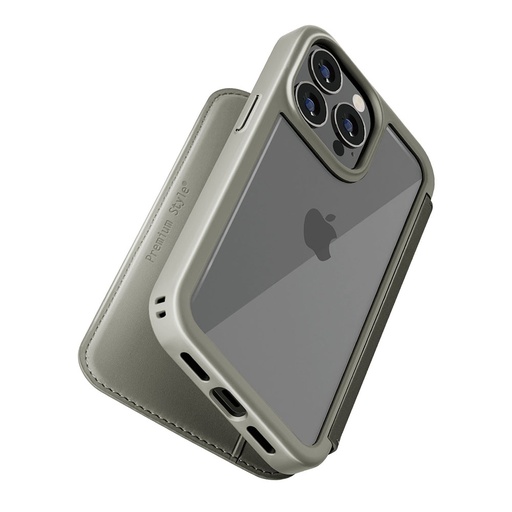 [PG-23BGF04GY] PGA殼_Premium Style_透明玻璃翻蓋皮套(圓形)_iPhone15Pro灰色(516)