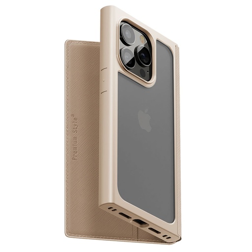 [PG-23BGF06BE] PGA殼_Premium Style_透明玻璃翻蓋皮套(方形)_iPhone15Pro卡其(530)