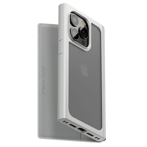 [PG-23BGF08GY] PGA殼_Premium Style_透明玻璃翻蓋皮套(方形)_iPhone15Pro灰色(554)