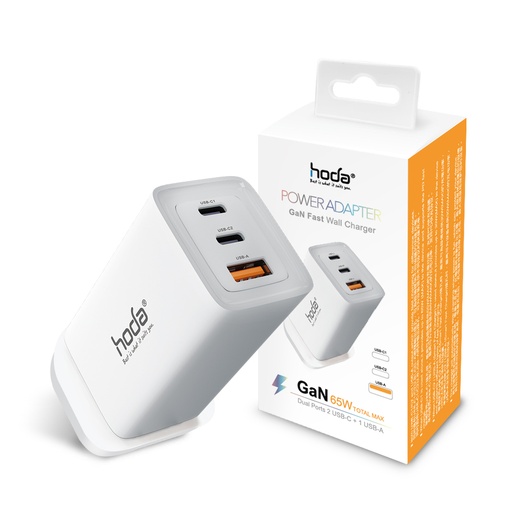 [020919000701] hoda充電_65wGaN氮化鎵智能三孔PD快充電器USBA-C_白色(005)