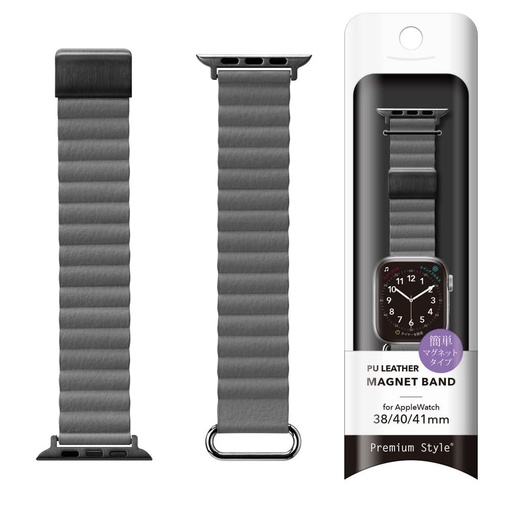 [PG-AW41MG04GY] PGA_磁力錶帶PU皮革_Apple Watch 41/40/38mm 灰色(658)