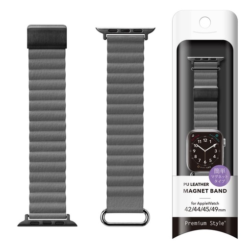 [PG-AW49MG04GY] PGA_磁力錶帶PU皮革_Apple Watch 49/45/44/42mm 灰色(801)
