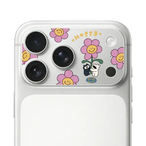 [047703717PM1] HODA 滿版鏡頭底座霧面保護貼阿耀與黑寶 iPhone17ProMAX 微笑花朵 (1302)